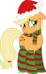 Size: 2561x4118 | Tagged: safe, artist:adog0718, applejack, earth pony, pony, christmas, clothes, cute, hat, jackabetes, santa hat, scarf, simple background, socks, solo, striped socks, transparent background, vector