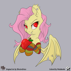 Size: 5000x5000 | Tagged: safe, artist:dfectivedvice, artist:wodahseht, fluttershy, bat pony, pony, absurd resolution, apple, clothes, colored, female, flutterbat, food, race swap, red eyes, socks, solo, striped socks