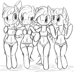 Size: 800x770 | Tagged: safe, artist:tg-0, apple bloom, babs seed, scootaloo, sweetie belle, anthro, apple, bandeau, belly button, bikini, clothes, cutie mark crusaders, swimsuit