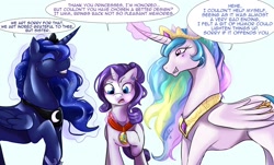 Size: 1280x773 | Tagged: safe, artist:jrain9110, artist:kaeaskavi, princess celestia, princess luna, rarity, alicorn, pony, unicorn, comic:equestria's infestation plague, colored, comic, cutie mark pendant, dialogue, ear piercing, earring, epilogue, eyes closed, glowing horn, good end, grin, jewelry, magic, medal, piercing, rarirachnid, smiling, speech bubble, spider web, spiderponyrarity, telekinesis, trio