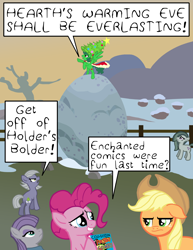 Size: 2550x3300 | Tagged: safe, artist:oneovertwo, applejack, limestone pie, marble pie, maud pie, pinkie pie, oc, oc:ho-ho-horrible, earth pony, pony, dialogue, holder's boulder