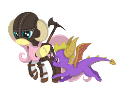 Size: 2592x1936 | Tagged: safe, artist:squipycheetah, fluttershy, dragon, pegasus, pony, axe, battle axe, crossover, cute, dovahkiin, dovahshy, dragonborn, duo, female, folded wings, friendshipping, happy, helmet, horn, horns, looking back, looking down, looking up, mare, running, simple background, skyrim, smiling, spread wings, spyro the dragon, the elder scrolls, transparent background, vector, walking, weapon