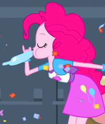 Size: 504x594 | Tagged: safe, screencap, pinkie pie, equestria girls, balloon, bracelet, clothes, confetti, cropped, eyes closed, jewelry, out of context, skirt, solo