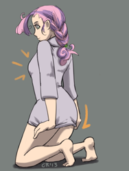 Size: 600x800 | Tagged: safe, artist:moronsonofboron, sweetie belle, human, barefoot, bottomless, braid, clothes, cute, diasweetes, feet, gray background, humanized, kneeling, older, older sweetie belle, partial nudity, simple background, solo