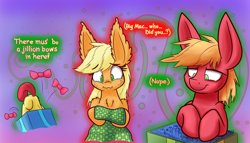 Size: 1280x731 | Tagged: safe, artist:heir-of-rick, part of a set, apple bloom, applejack, big macintosh, earth pony, pony, daily apple pony, :i, :t, bow, box, chest fluff, crying, dialogue, ear fluff, face down ass up, female, filly, fluffy, glow, happy, impossibly large ears, lidded eyes, male, mare, present, purple background, shoulder fluff, simple background, smiling, stallion, wavy mouth