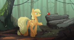 Size: 2500x1369 | Tagged: safe, artist:fuzzyfox11, applejack, earth pony, pony, apple, food, forest, missing accessory, solo