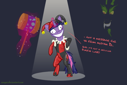 Size: 720x480 | Tagged: safe, artist:snapai, derpibooru import, discord, twilight sparkle, batman, harley quinn, twilight snapple, voice actor joke