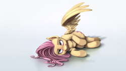 Size: 3797x2136 | Tagged: safe, artist:torifeather, derpibooru import, edit, fluttershy, pegasus, pony, lying, simple background, smiling, solo, wallpaper, wallpaper edit, white background