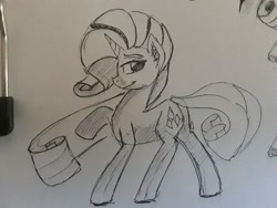 Size: 1030x773 | Tagged: safe, artist:post-it, rarity, pony, unicorn, female, ink drawing, inktober, looking at you, mare, monochrome, raised hoof, simple background, sketch, smiling, solo, traditional art, white background