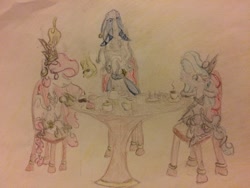 Size: 1024x768 | Tagged: safe, artist:seriousponylovers, princess celestia, princess luna, star swirl the bearded, alicorn, pony, unicorn, chair, food, magic, past, table, tea, tea party, traditional art, young