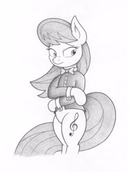 Size: 2000x2660 | Tagged: safe, artist:agamnentzar, octavia melody, earth pony, pony, bipedal, clothes, joey darkmeat style, monochrome, simple background, solo, style emulation, traditional art