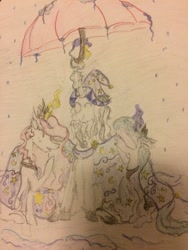 Size: 1024x1365 | Tagged: safe, artist:seriousponylovers, princess celestia, princess luna, star swirl the bearded, alicorn, pony, unicorn, cloak, clothes, happy, laughing, magic, puddle, rain, traditional art, umbrella, young