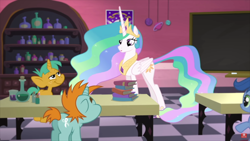 Size: 1920x1080 | Tagged: safe, screencap, archer (character), princess celestia, scootablue, snails, snips, alicorn, pony, unicorn, book, colt, female, foal, fundamentals of magic✨ w/ princess celestia, male, mare, school, shelf