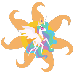 Size: 4369x4369 | Tagged: safe, artist:sketchmcreations, princess celestia, alicorn, pony, my little pony: the movie, absurd resolution, crown, cutie mark, ethereal mane, ethereal tail, eyelashes, female, flowing mane, flowing tail, flying, jewelry, mare, multicolored mane, multicolored tail, pointy ponies, praise the sun, purple eyes, regalia, royalty, simple background, spread wings, sun, tiara, transparent background, vector