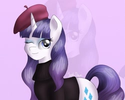 Size: 800x641 | Tagged: safe, artist:just_dawn, rarity, pony, unicorn, sweet and elite, beatnik rarity, beret, clothes, eyeshadow, female, hat, makeup, mare, one eye closed, solo, sweater, wink, zoom layer