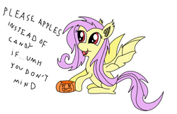 Size: 2136x1374 | Tagged: safe, artist:amateur-draw, fluttershy, bat pony, pony, dialogue, flutterbat, halloween, jack-o-lantern, ms paint, open mouth, pumpkin, race swap, simple background, sitting, smiling, solo, spread wings, text, white background