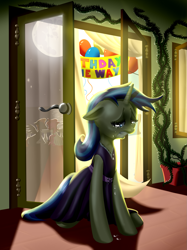 Size: 1491x1998 | Tagged: safe, artist:mykegreywolf, allie way, pony, unicorn, balloon, birthday, clothes, crying, dress, heartbreak, moon, party, reflection, sad