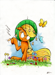 Size: 2000x2749 | Tagged: safe, artist:ecmonkey, applejack, butterfly, earth pony, pony, cork, descriptive noise, flower, hat, horse noises, solo, traditional art, unamused