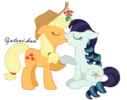 Size: 1266x998 | Tagged: safe, artist:gutovi, applejack, coloratura, earth pony, pony, eyes closed, female, kissing, lesbian, mistletoe, rarajack, shipping