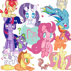 Size: 5000x5000 | Tagged: safe, artist:8bitamy, derpibooru import, apple bloom, applejack, fluttershy, pinkie pie, rainbow dash, rarity, scootaloo, spike, sweetie belle, twilight sparkle, dragon, earth pony, pegasus, pony, squirrel, unicorn, absurd resolution, blush sticker, blushing, cute, cutie mark crusaders, eyes closed, heart, looking at you, mane seven, mane six, music notes, open mouth, profile, question mark, simple background, straw in mouth, white background