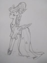 Size: 1560x2080 | Tagged: safe, artist:phattaraphorn_1, artist:tar, derpibooru import, rainbow dash, pegasus, pony, sparkle's seven, alternate hairstyle, clothes, dress, megaradash, monochrome, rainbow dash always dresses in style, sketch, solo, traditional art