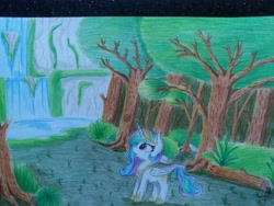 Size: 4128x3096 | Tagged: safe, artist:ironbeastz, princess celestia, alicorn, pony, chibi, cute, forest, high res, solo, traditional art, tree, waterfall