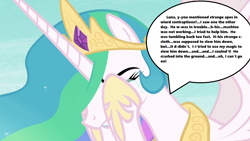 Size: 1280x720 | Tagged: safe, edit, edited screencap, screencap, princess celestia, alicorn, pony, a royal problem, season 7, astronaut, crash, crown, crying, eyes closed, implied death, jewelry, misspelling, regalia, sad, solo, soyuz 1, speech bubble, text, vladimir komarov