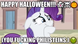 Size: 1258x720 | Tagged: safe, edit, edited screencap, editor:useraccount, screencap, rarity, ghost, pony, unicorn, the cutie map, emoji, excessive exclamation marks, halloween, holiday, image macro, jack-o-lantern, meme, misspelling, pumpkin, shitposting, sick, skull, skull and crossbones, solo, text, vulgar