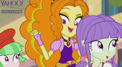 Size: 621x344 | Tagged: safe, screencap, adagio dazzle, drama letter, starlight, watermelody, equestria girls, rainbow rocks, background human, battle of the bands, cafeteria, female, gem, hypnosis, raised eyebrow, singing, siren gem, trio