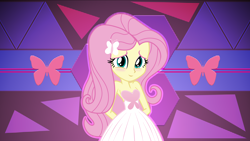 Size: 3840x2160 | Tagged: safe, artist:efk-san, artist:laszlvfx, derpibooru import, fluttershy, equestria girls, blushing, clothes, cute, dress, female, looking at you, shyabetes, smiling, solo, wallpaper