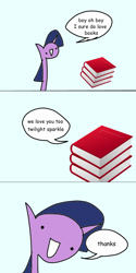 Size: 600x1200 | Tagged: safe, artist:wollap, derpibooru import, twilight sparkle, :d, bibliophile, book, cargo ship, comic, dialogue, shipping, simple background, that pony sure does love books, twibook, wat