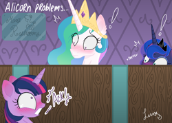 Size: 4823x3445 | Tagged: safe, artist:darkest-lunar-flower, princess celestia, princess luna, twilight sparkle, twilight sparkle (alicorn), alicorn, pony, accidental exposure, bathroom, blushing, embarrassed