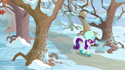 Size: 1440x810 | Tagged: safe, screencap, rarity, pony, unicorn, best gift ever, bare tree, female, glasses, hat, magic, magic aura, mare, oak tree, paper, path, snow, solo, sweet acorn orchard, telekinesis, tree, winter