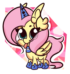 Size: 2172x2290 | Tagged: safe, artist:hedgehog-plant, fluttershy, pegasus, pony, abstract background, clothes, cosplay, costume, fake horn, female, mare, solo, tongue out