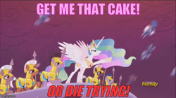 Size: 625x351 | Tagged: safe, edit, edited screencap, screencap, princess celestia, alicorn, earth pony, pony, unicorn, the cutie re-mark, alternate timeline, cake, cakelestia, crystal war timeline, ethereal mane, female, food, funny, male, mare, meme, pointing, raised hoof, royal guard, spear, stallion, war, weapon