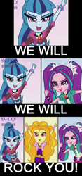 Size: 601x1287 | Tagged: safe, screencap, adagio dazzle, aria blaze, sonata dusk, equestria girls, rainbow rocks, gem, lyrics, parody, queen (band), singing, siren gem, the dazzlings, we will rock you