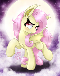 Size: 1100x1400 | Tagged: safe, artist:joakaha, fluttershy, bat pony, pony, flutterbat, full moon, moon, race swap, solo