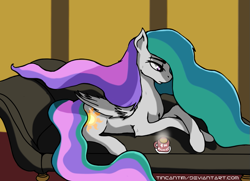 Size: 1001x725 | Tagged: safe, artist:tincantim, princess celestia, alicorn, pony, cup, missing horn, mug, sofa, solo