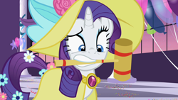 Size: 1280x720 | Tagged: safe, screencap, rarity, pony, unicorn, sweet and elite, amulet, balloon, clothes, croquet mallet, dress, fancy, female, flower, flower in hair, flower in tail, hat, jewelry, mare, mouth hold, raised eyebrow, shocked, solo, sun hat