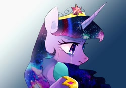 Size: 818x574 | Tagged: safe, artist:chi-hayu, derpibooru import, twilight sparkle, twilight sparkle (alicorn), alicorn, pony, bust, crying, ethereal mane, female, galaxy mane, gradient background, immortality blues, mare, older, solo, ultimate twilight