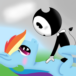 Size: 1000x1000 | Tagged: artist needed, safe, derpibooru import, rainbow dash, pegasus, pony, bendy, bendy and the ink machine, bendydash, blushing, crossover, crossover shipping, grayscale, heart eyes, o.o, shipping, wat, wingding eyes