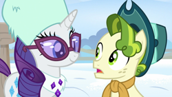 Size: 1920x1080 | Tagged: safe, screencap, pistachio, rarity, earth pony, pony, unicorn, best gift ever, cowboy hat, duo, female, glasses, hat, male, mare, teenager