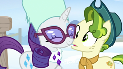 Size: 1920x1080 | Tagged: safe, screencap, pistachio, rarity, earth pony, pony, unicorn, best gift ever, cowboy hat, cute, duo, eyes closed, female, glasses, hat, male, mare, raribetes, smiling, teenager