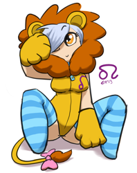 Size: 862x1088 | Tagged: safe, artist:moronsonofboron, chibi, clothes, humanized, leo, ponyscopes, stockings, zodiac