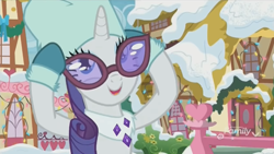 Size: 842x474 | Tagged: safe, screencap, rarity, pony, unicorn, best gift ever, glasses, house, houses, mittens, ponyville, snow, solo, winter