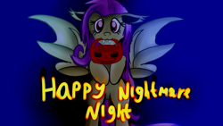 Size: 1280x720 | Tagged: safe, artist:jbond, fluttershy, bat pony, pony, cute, flutterbat, halloween, holiday, looking at you, mouth hold, nightmare night, postcard, pumpkin bucket, race swap, shyabates, shyabetes, solo