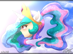 Size: 3115x2301 | Tagged: safe, artist:aloubell, princess celestia, human, bust, eared humanization, horned humanization, humanized, ponytail, portrait