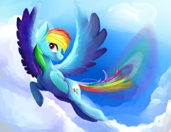 Size: 1024x786 | Tagged: safe, artist:eateroflife, derpibooru import, rainbow dash, pegasus, pony, cloud, female, flying, mare, rainbow trail, sky, solo, spread wings, wings