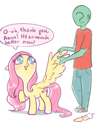 Size: 712x850 | Tagged: safe, artist:mcponyponypony, fluttershy, oc, oc:anon, human, anonymous, blushing, cute, feather, looking up, preening, raised hoof, shyabetes, simple background, speech bubble, spread wings, white background, wing massage