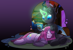 Size: 1500x1046 | Tagged: safe, artist:vavacung, daring do, pinkie pie, changeling, earth pony, pony, book, cute, cuteamena, cuteling, duo, magic, pinkamena diane pie, reading, sleeping, vavacung is trying to murder us